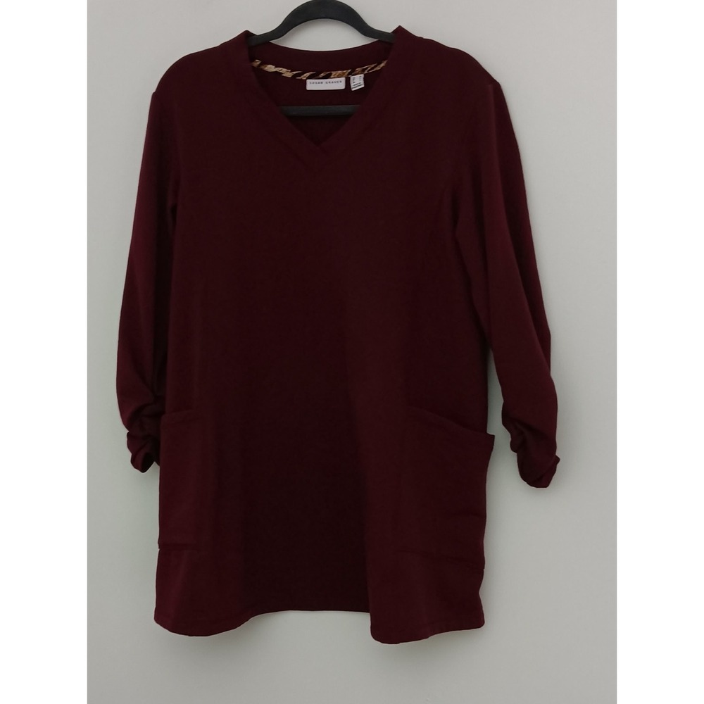 Susan Graver Tunic Women's Size M French Terry V-Neck Ruched Sleeves Side Pocket